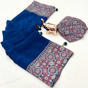 Blue Satin Saree Showcasing Rich Ajrakh Printed Design & Tassel Finished Pallu