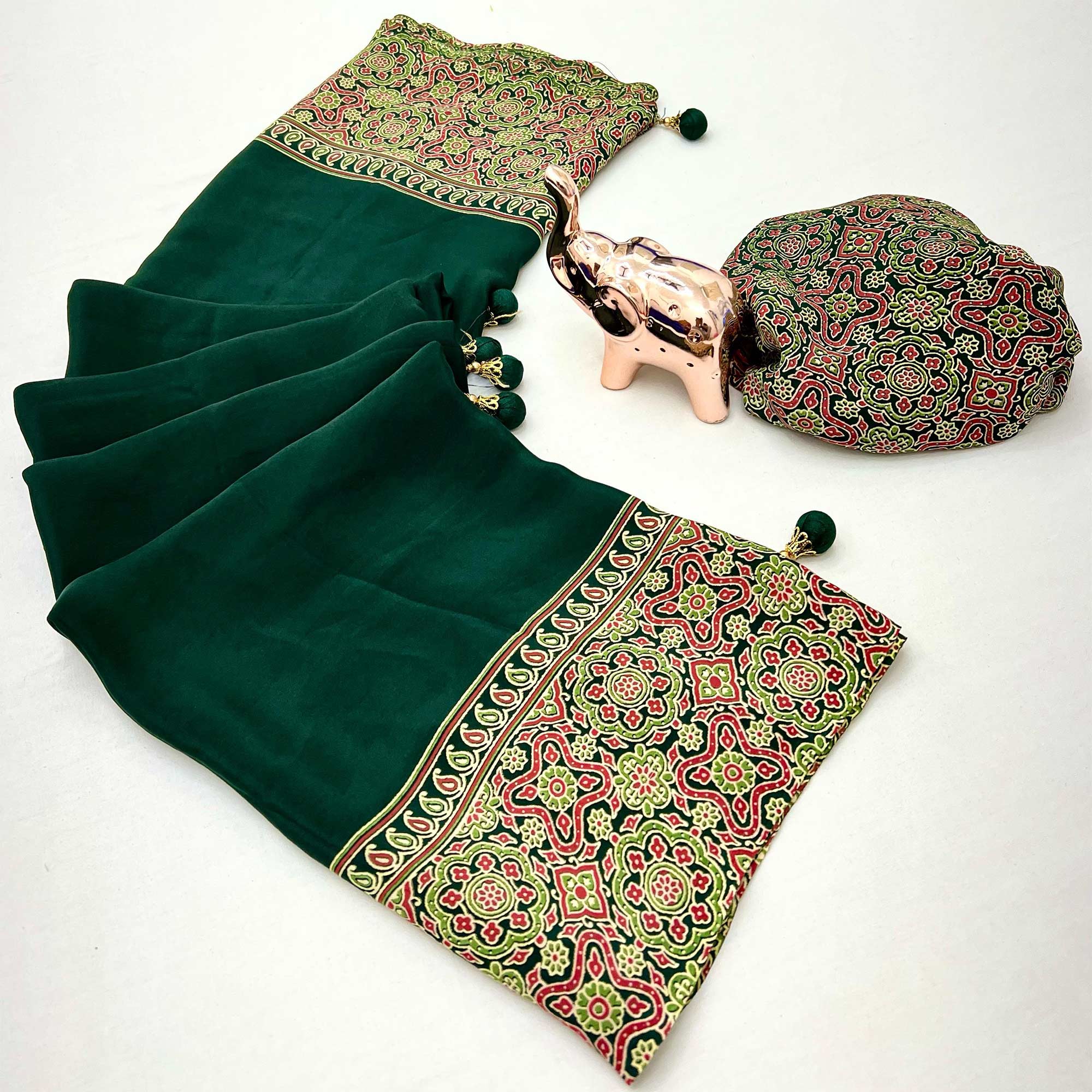 Green Satin Saree Showcasing Rich Ajrakh Printed Design & Tassel Finished Pallu