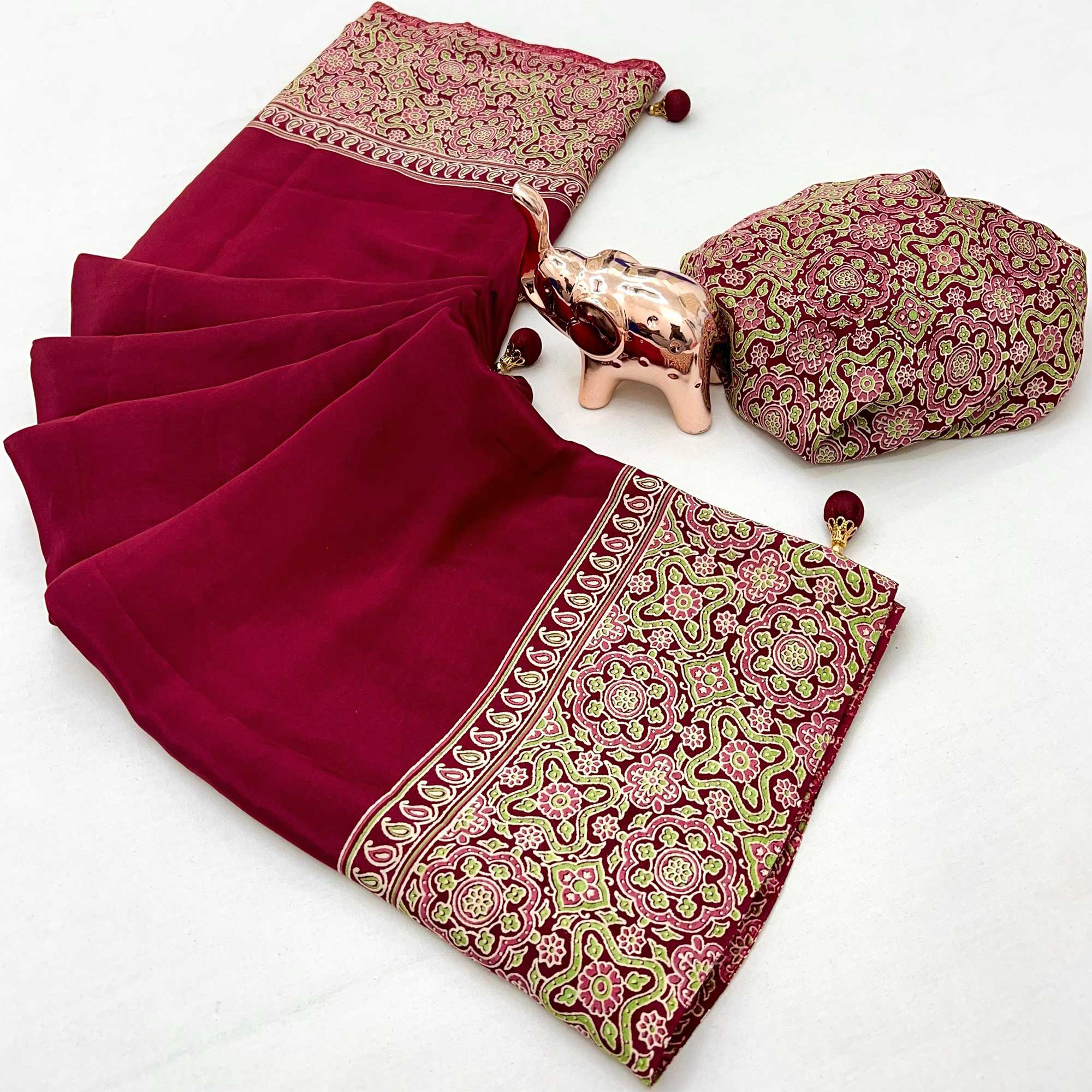 Maroon Satin Saree Showcasing Rich Ajrakh Printed Design & Tassel Finished Pallu