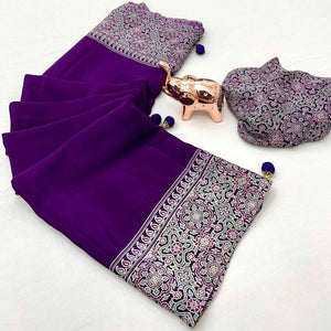 Purple Satin Saree Showcasing Rich Ajrakh Printed Design & Tassel Finished Pallu
