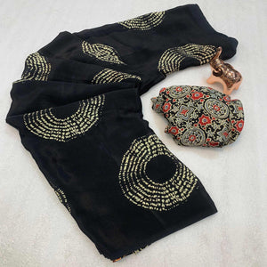 Black Satin Saree Adorned With Authentic Ajrakh Print & Stylish Tassel Pallu