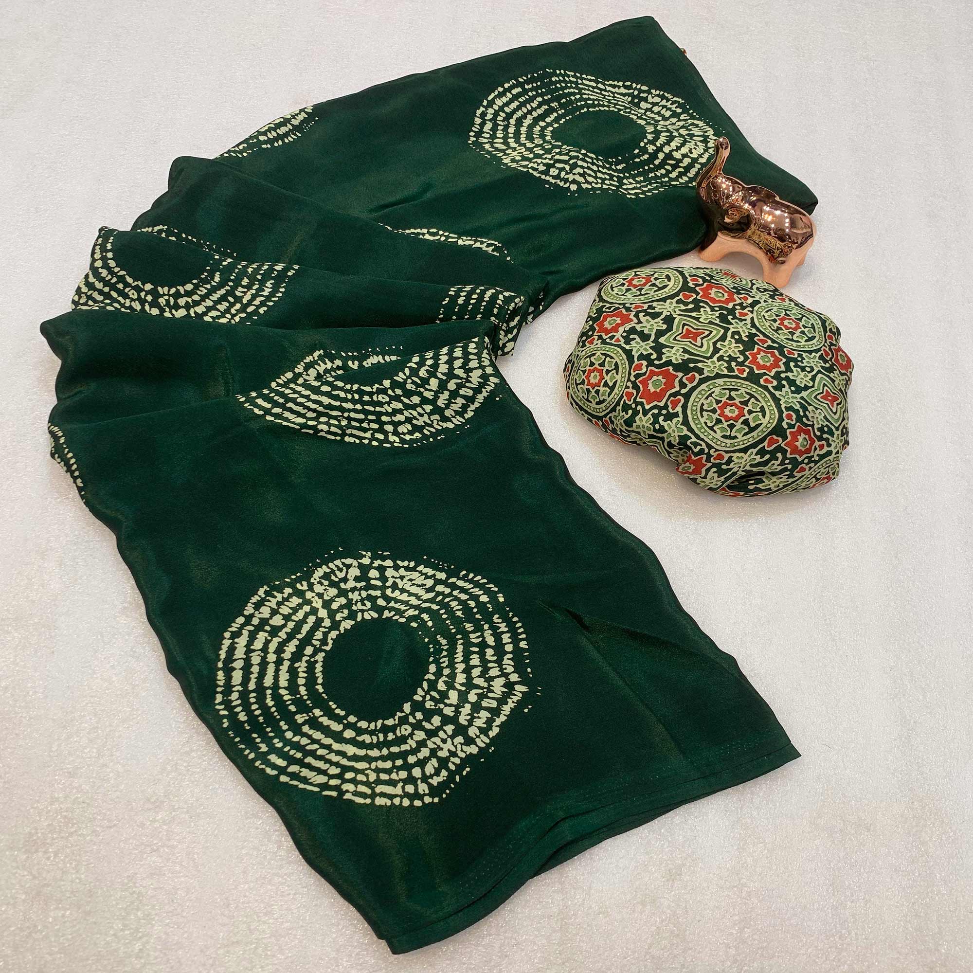 Green Satin Saree Adorned With Authentic Ajrakh Print & Stylish Tassel Pallu