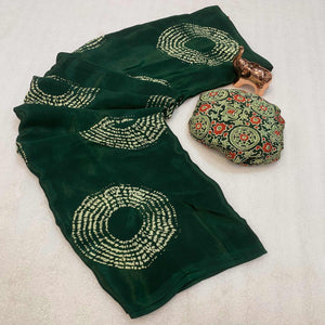 Green Satin Saree Adorned With Authentic Ajrakh Print & Stylish Tassel Pallu