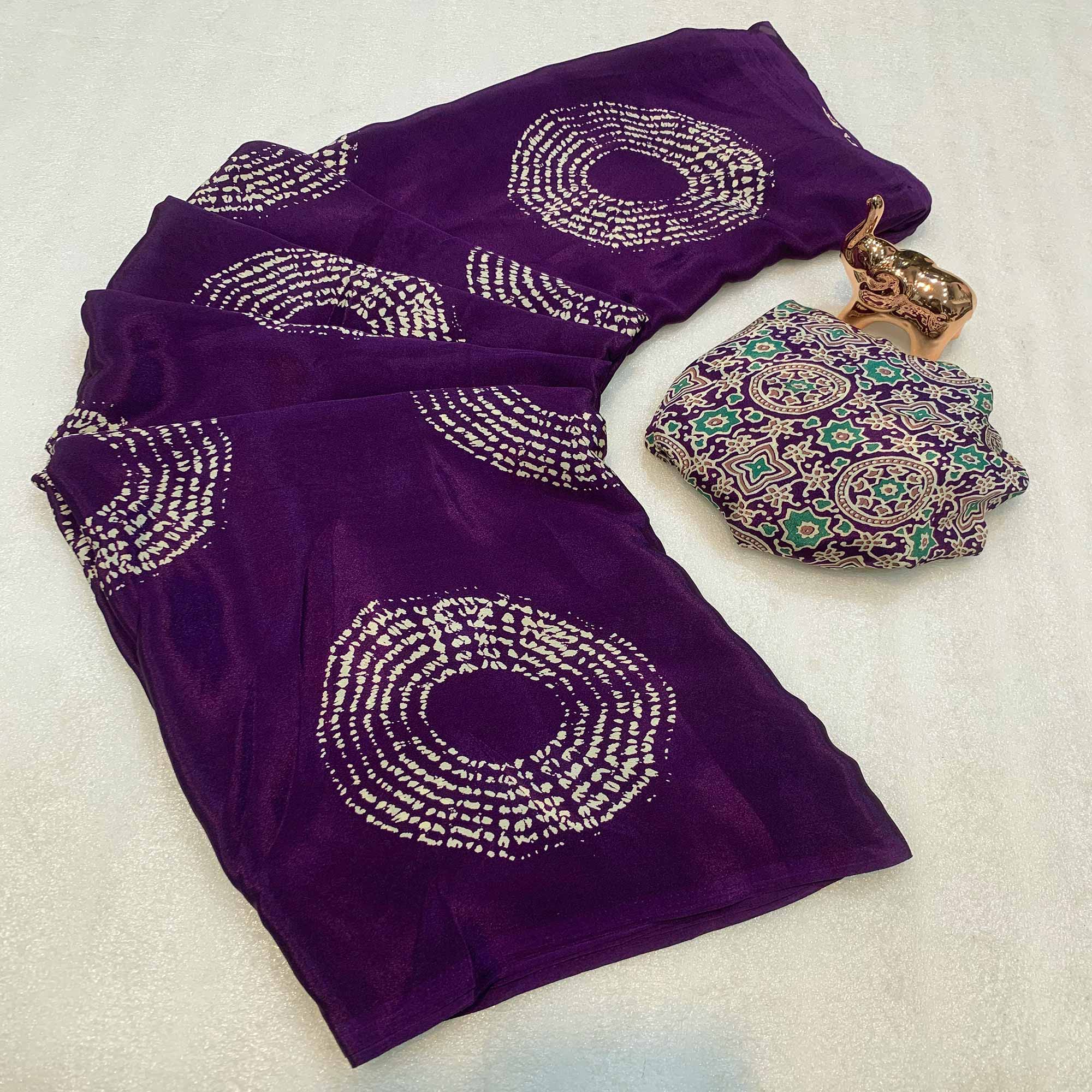 Purple Satin Saree Adorned With Authentic Ajrakh Print & Stylish Tassel Pallu