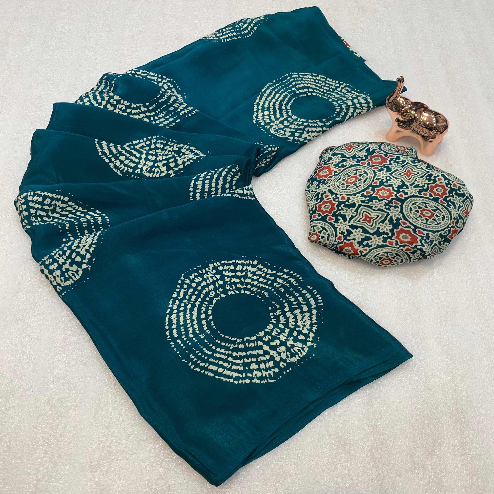 Teal Satin Saree Adorned With Authentic Ajrakh Print & Stylish Tassel Pallu