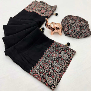 Black Satin Saree In Ajrakh Floral Print With Tassel Adorned Pallu