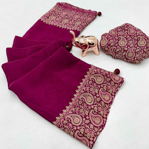 Pink Satin Saree In Ajrakh Floral Print With Tassel Adorned Pallu