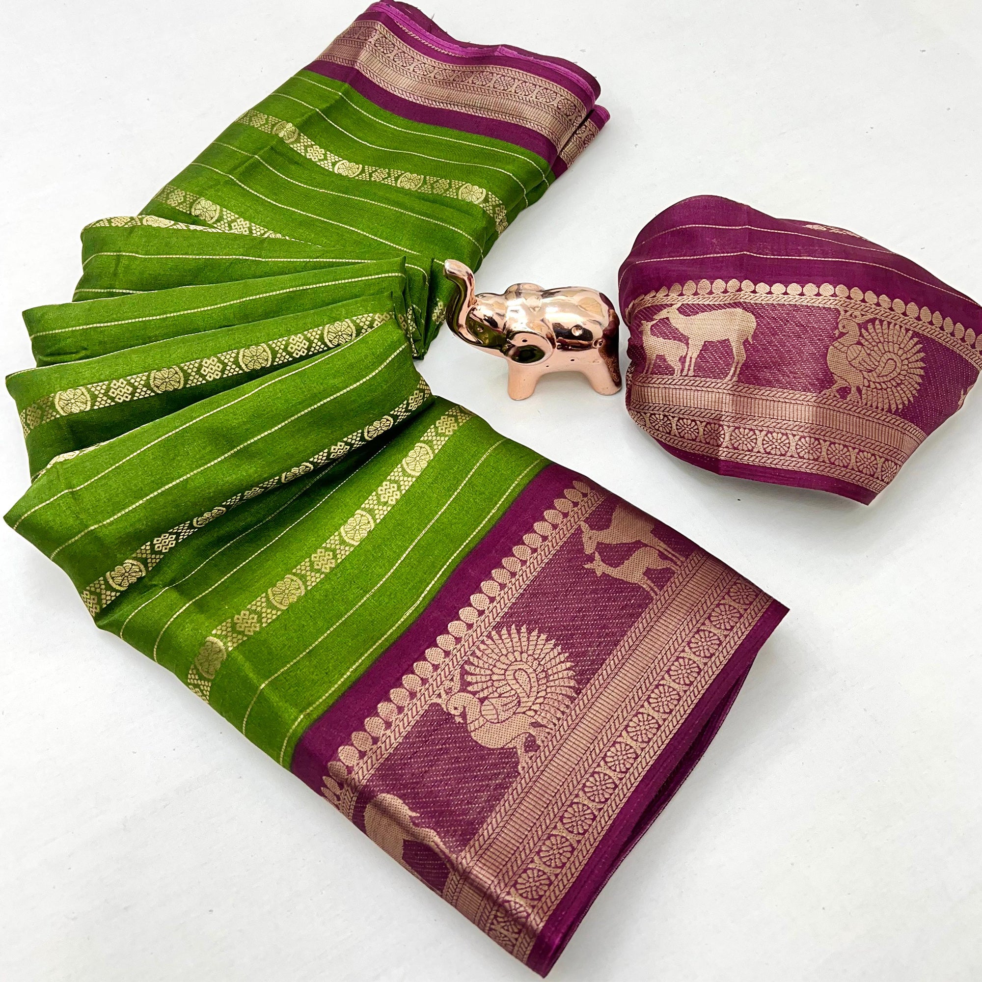 Green Floral Weaving Mysore Silk Saree With Peacock Print Pallu & Two-Tone Padding Border Work