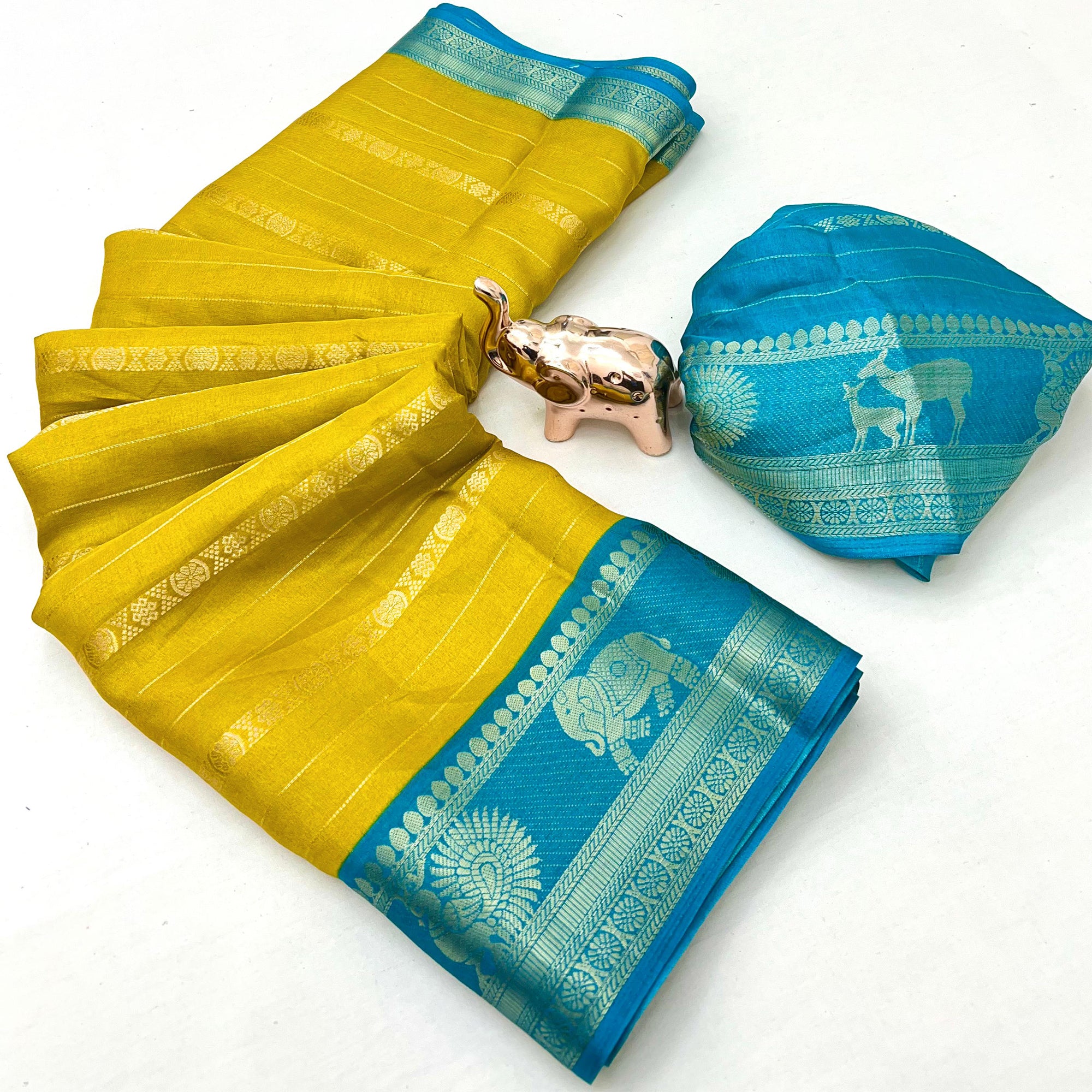 Mustard Floral Weaving Mysore Silk Saree With Peacock Print Pallu & Two-Tone Padding Border Work
