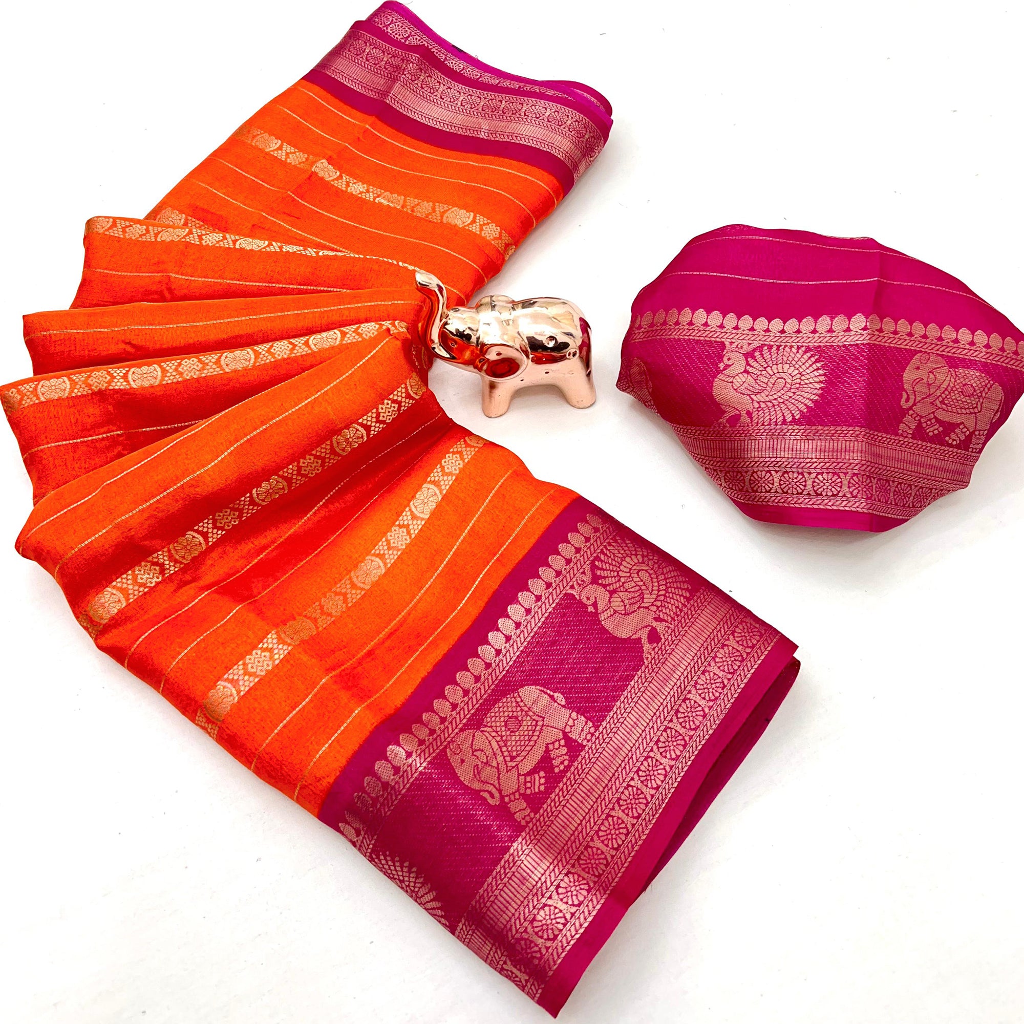 Orange Floral Weaving Mysore Silk Saree With Peacock Print Pallu & Two-Tone Padding Border Work