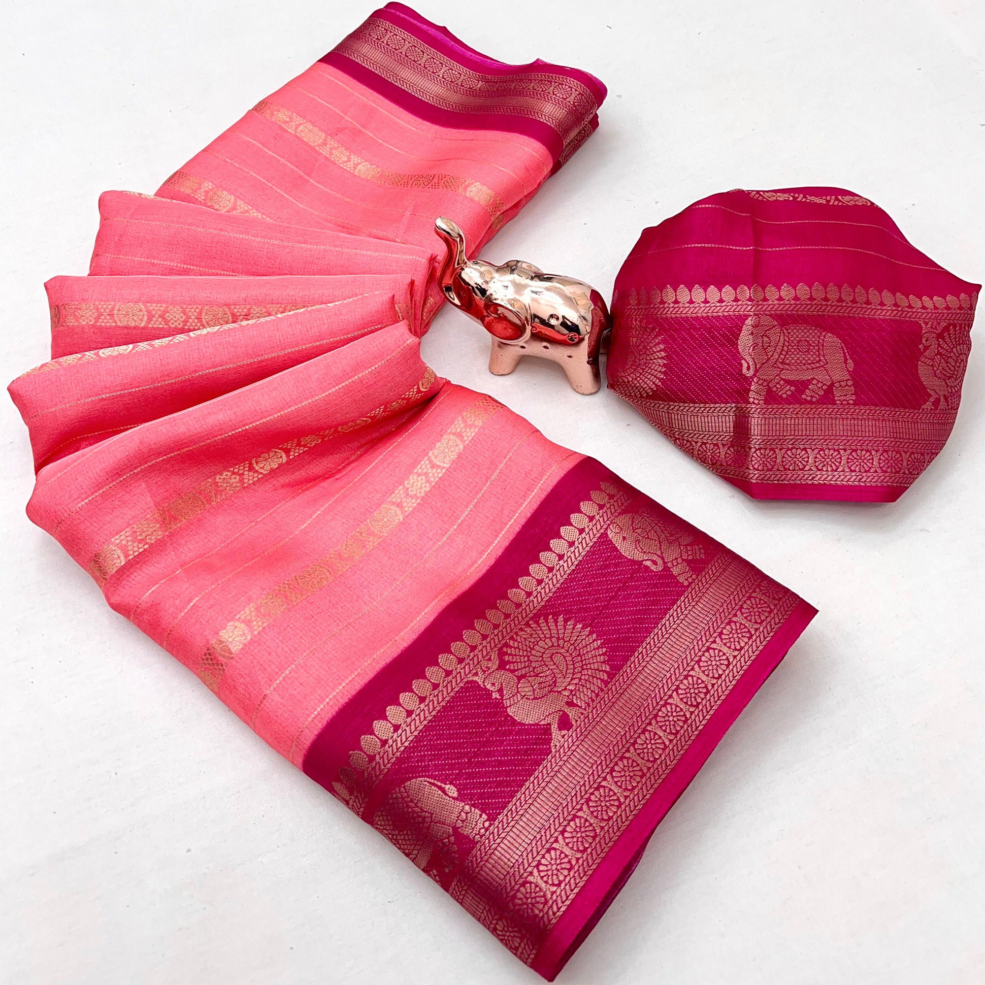 Pink Floral Weaving Mysore Silk Saree With Peacock Print Pallu & Two-Tone Padding Border Work