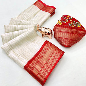 Graceful Offwhite Checks Zari Weaving Jacquard Cotton Silk Saree With Peacock & Floral Motif Pallu