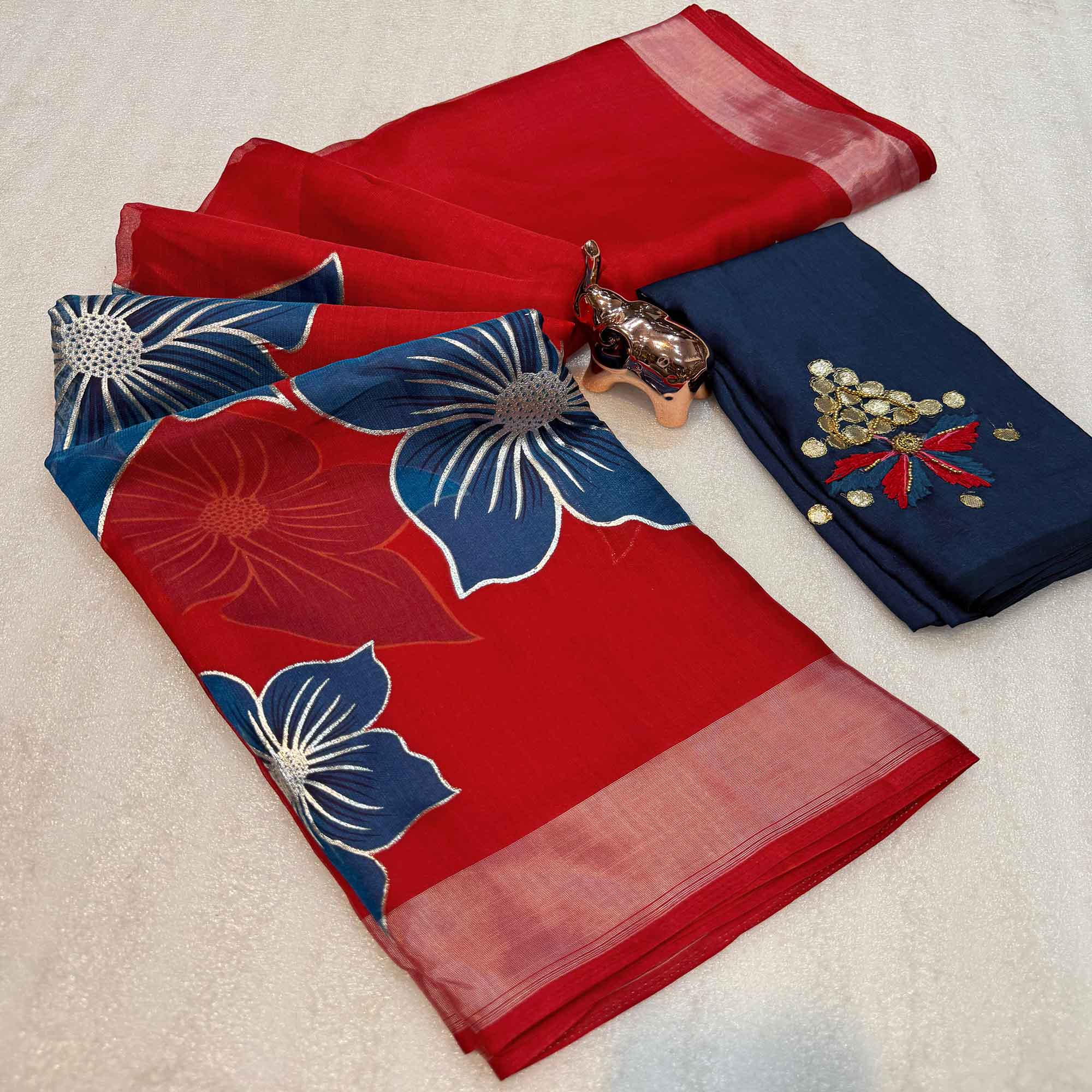 Vibrant Red & Blue Floral Foil Printed Organza Saree With Designer Unstitched Blouse
