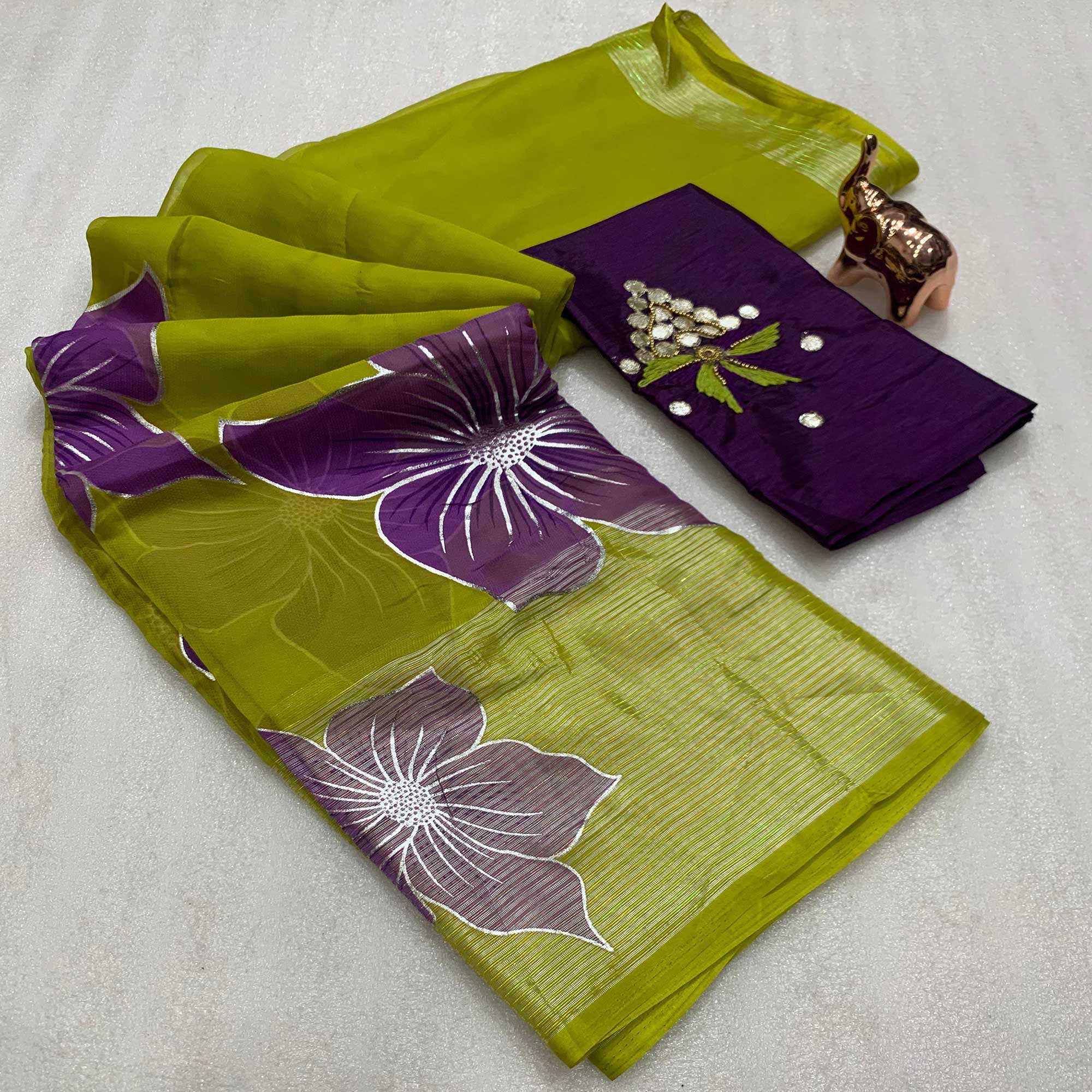 Green and Purple Organza Saree with Shimmering Floral Foil Accents