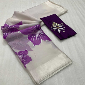 White and Purple Organza Saree with Intricate Floral Foil Print