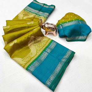 Silk Blend Saree in Mustard with Abstract Print and Intricate Woven Border