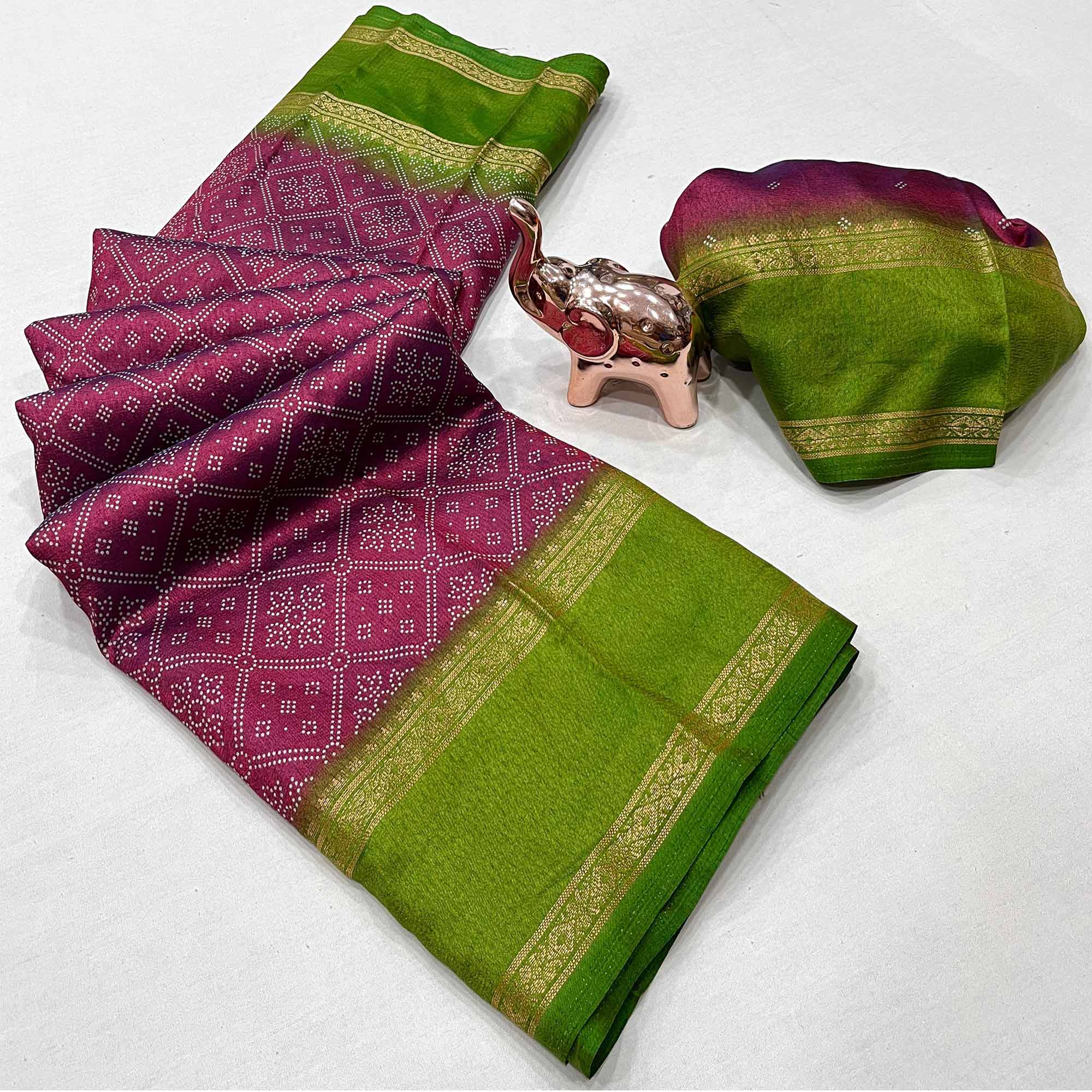 Silk Blend Saree in Magenta with Abstract Print and Intricate Woven Border