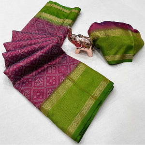 Silk Blend Saree in Magenta with Abstract Print and Intricate Woven Border