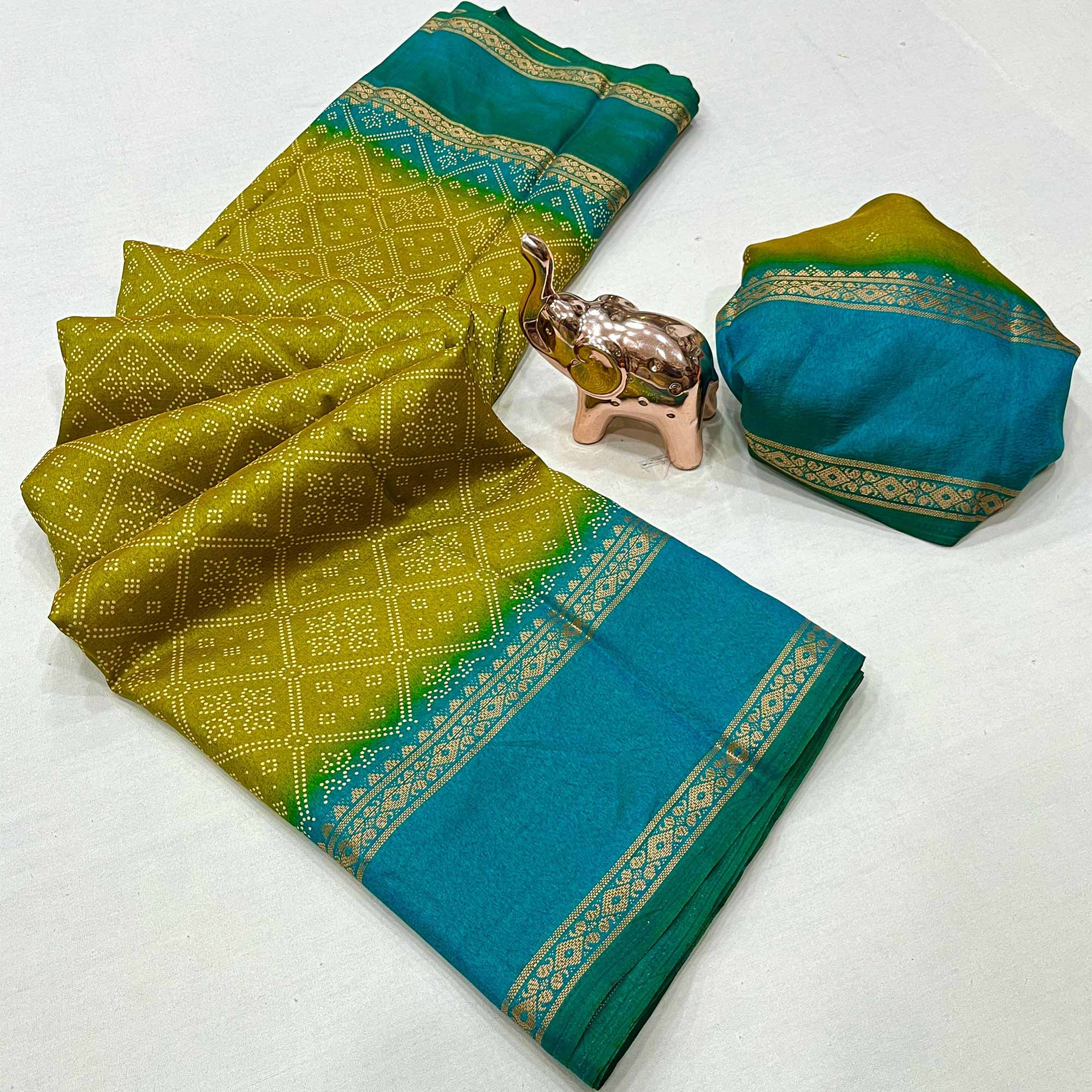 Silk Blend Saree in Mustard with Abstract Print and Intricate Woven Border
