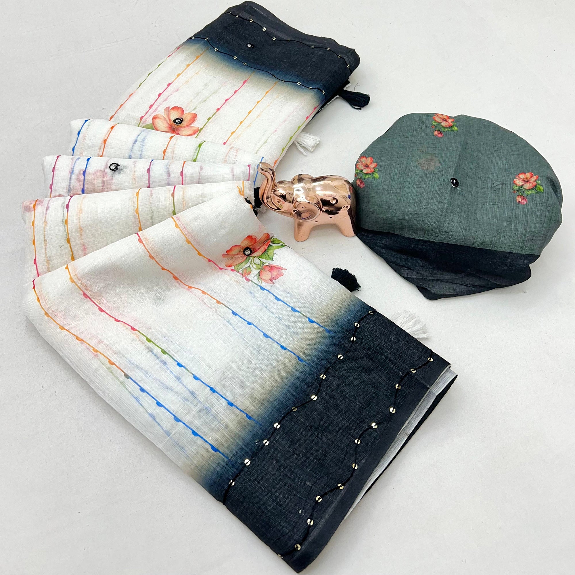 White and Grey Digital Printed Linen Cotton Saree with Refined Artistic Detailing