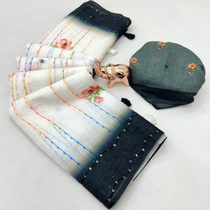 White and Grey Digital Printed Linen Cotton Saree with Refined Artistic Detailing