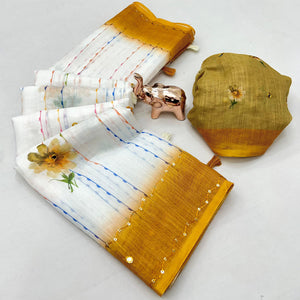 White and Mustard Digital Printed Linen Cotton Saree with Refined Artistic Detailing