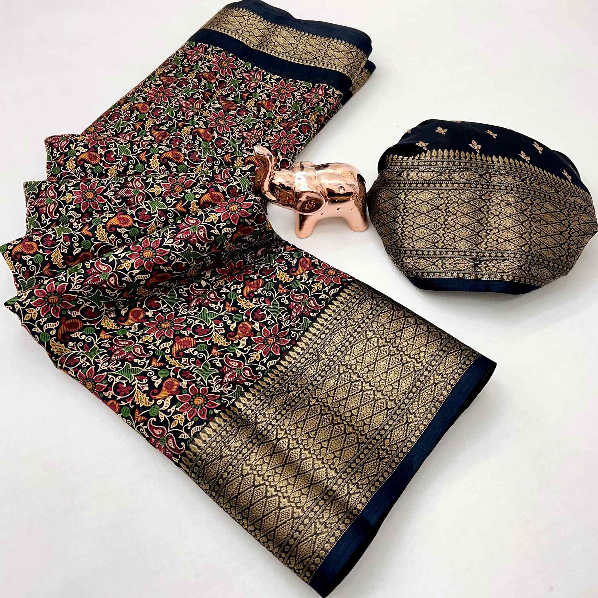 Black Kashmiri Floral Printed Dola Silk Saree With Kalamkari Pallu & Rich Zari Weaving Border