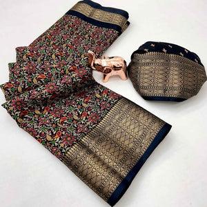 Black Kashmiri Floral Printed Dola Silk Saree With Kalamkari Pallu & Rich Zari Weaving Border