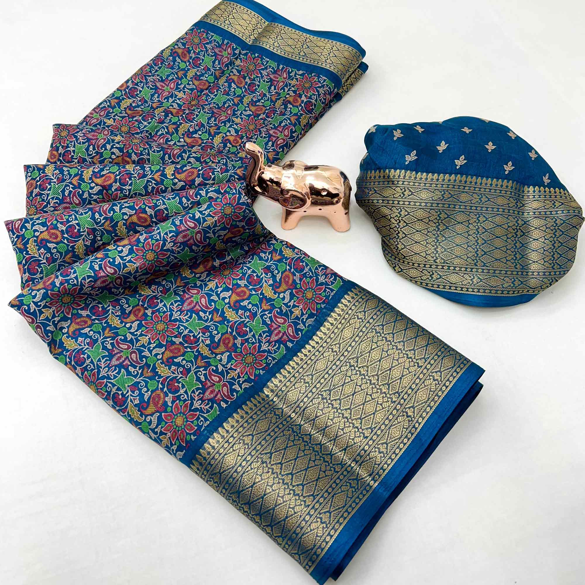 Blue Kashmiri Floral Printed Dola Silk Saree With Kalamkari Pallu & Rich Zari Weaving Border
