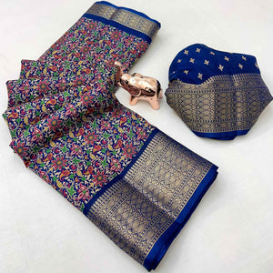 Navy Blue Kashmiri Floral Printed Dola Silk Saree With Kalamkari Pallu & Rich Zari Weaving Border