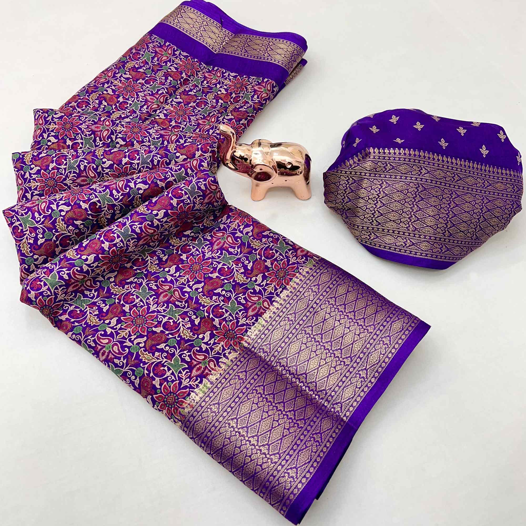Purple Kashmiri Floral Printed Dola Silk Saree With Kalamkari Pallu & Rich Zari Weaving Border