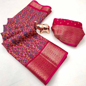 Rani Pink Kashmiri Floral Printed Dola Silk Saree With Kalamkari Pallu & Rich Zari Weaving Border