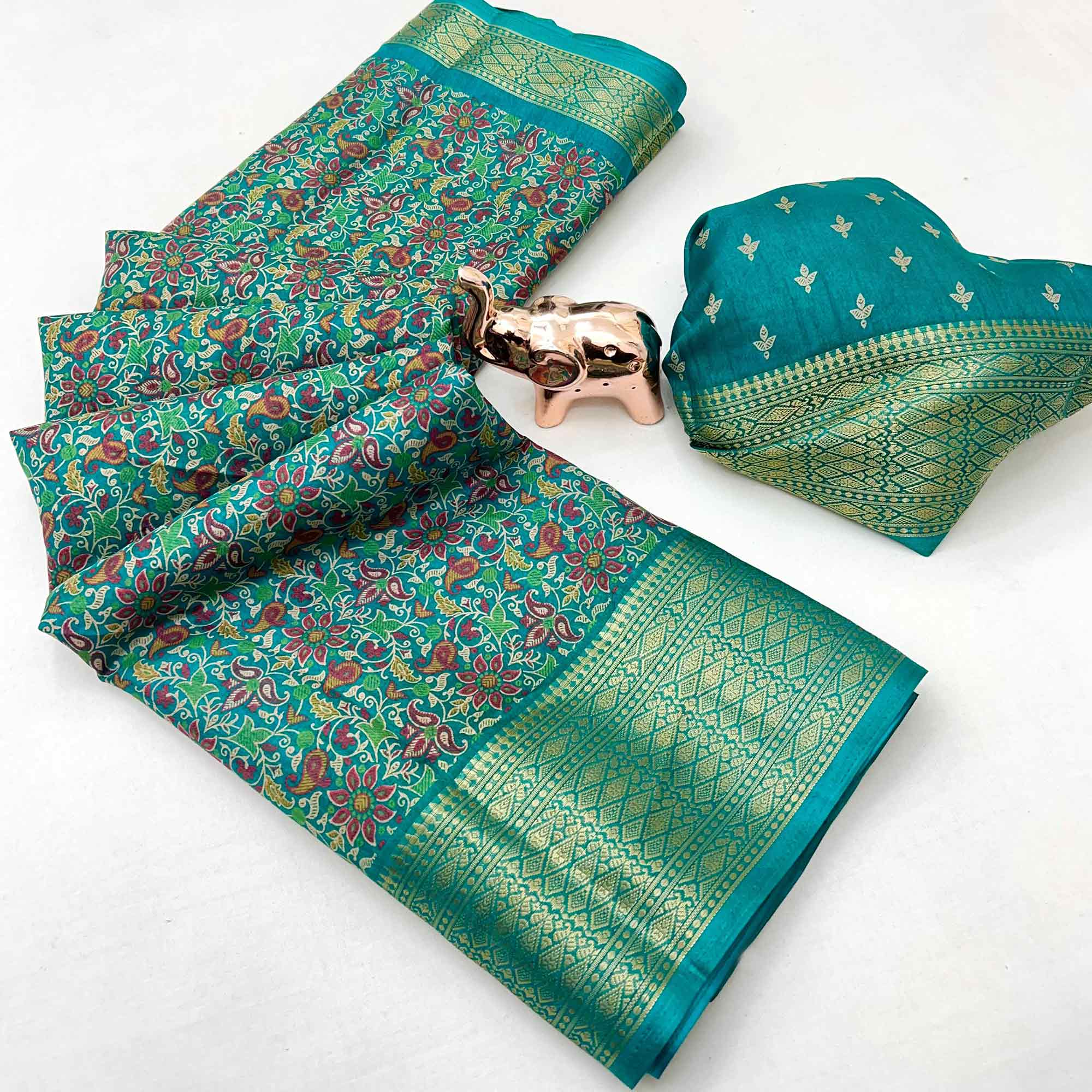Turquoise Kashmiri Floral Printed Dola Silk Saree With Kalamkari Pallu & Rich Zari Weaving Border