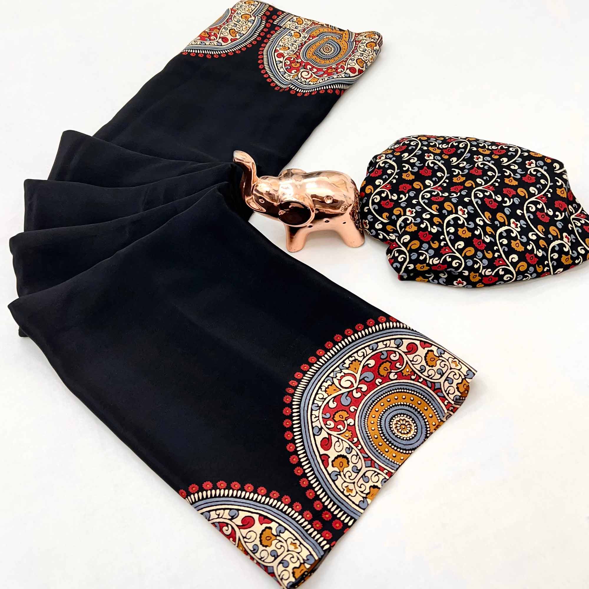 Elegant Black Satin Saree with Ajrakh Inspired Floral Prints