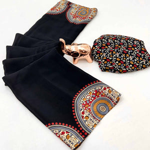Elegant Black Satin Saree with Ajrakh Inspired Floral Prints