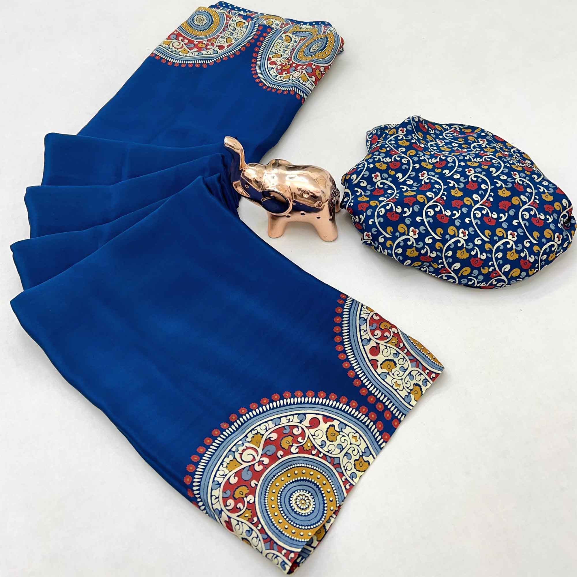 Elegant Blue Satin Saree with Ajrakh Inspired Floral Prints