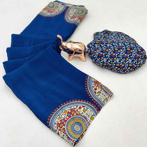 Elegant Blue Satin Saree with Ajrakh Inspired Floral Prints