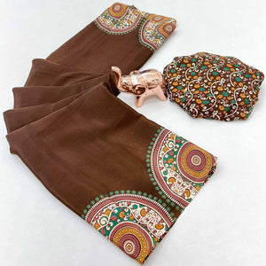 Elegant Brown Satin Saree with Ajrakh Inspired Floral Prints