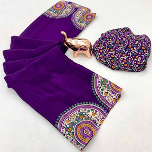 Elegant Purple Satin Saree with Ajrakh Inspired Floral Prints