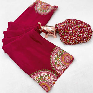 Elegant Red Satin Saree with Ajrakh Inspired Floral Prints