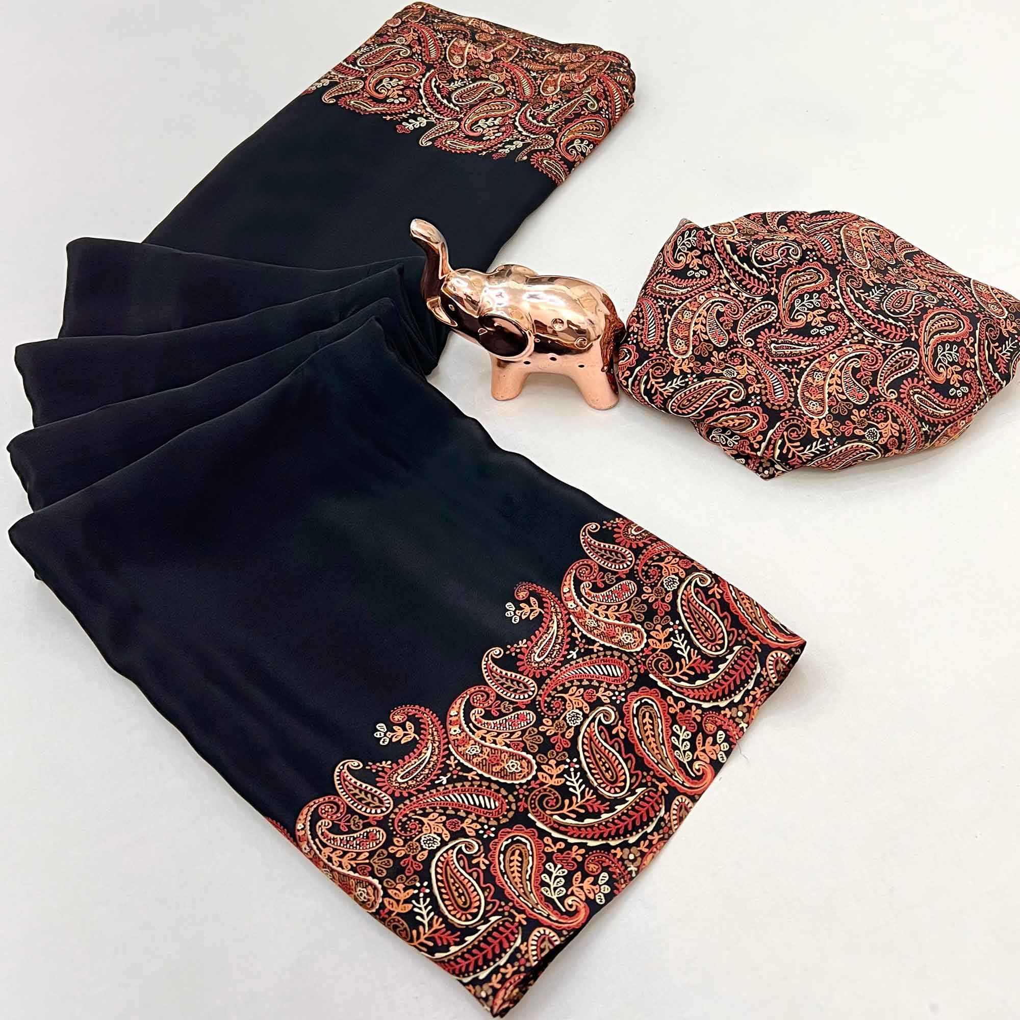 Classic Black Satin Saree Featuring Traditional Ajrakh Paisley Printed Pattern
