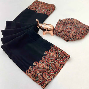 Classic Black Satin Saree Featuring Traditional Ajrakh Paisley Printed Pattern