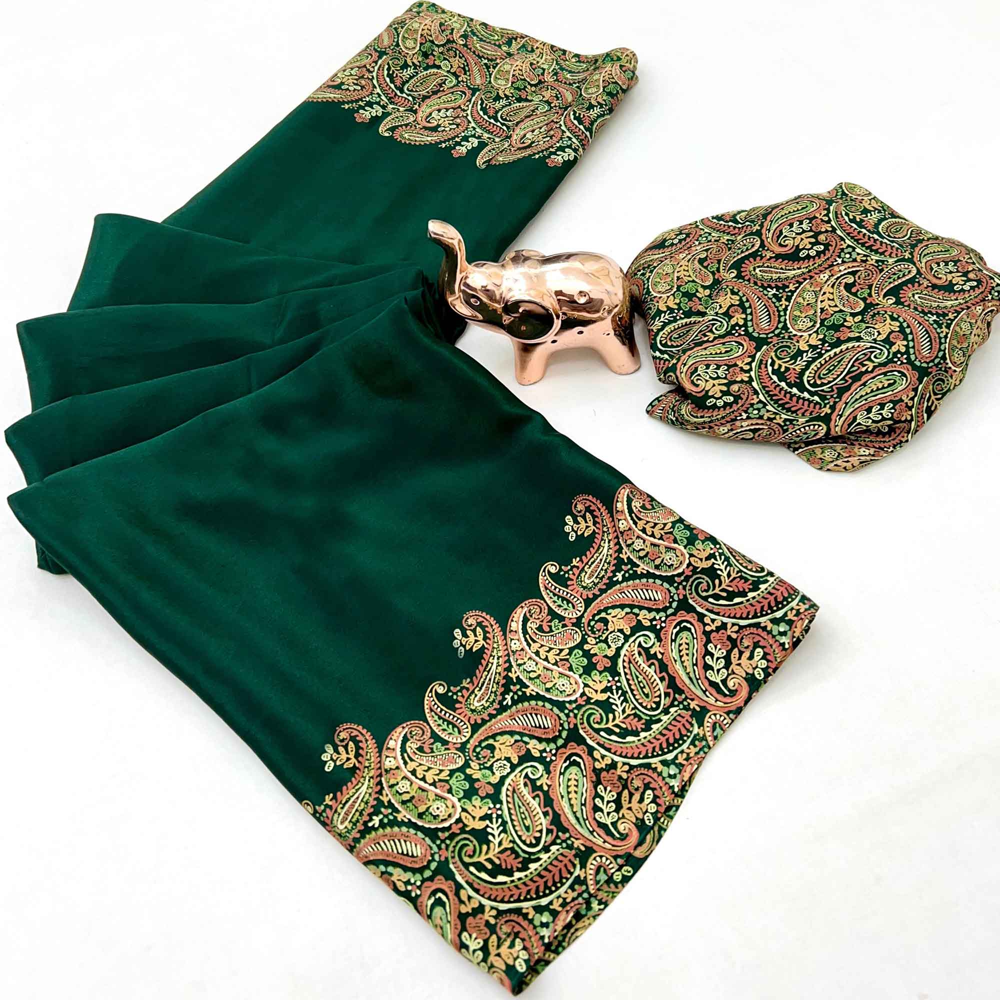 Classic Green Satin Saree Featuring Traditional Ajrakh Paisley Printed Pattern