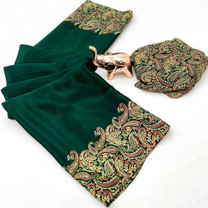 Classic Green Satin Saree Featuring Traditional Ajrakh Paisley Printed Pattern