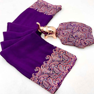 Classic Purple Satin Saree Featuring Traditional Ajrakh Paisley Printed Pattern