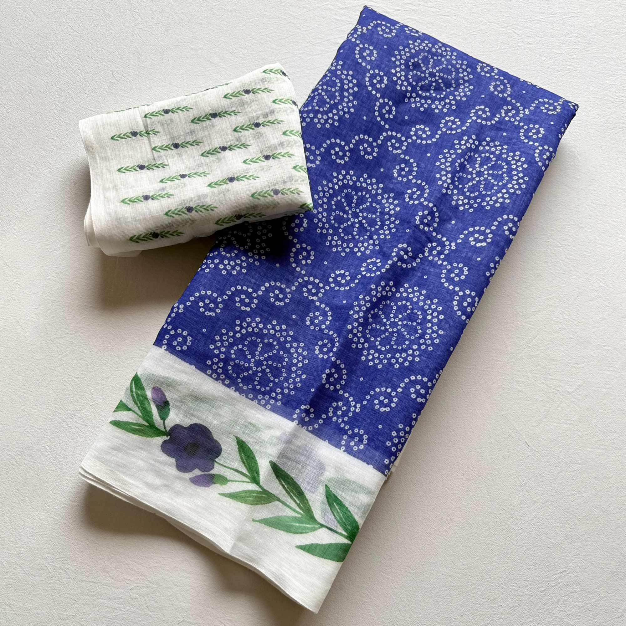 Chic Blue Linen Saree Featuring Bandhani & Floral Digital Prints