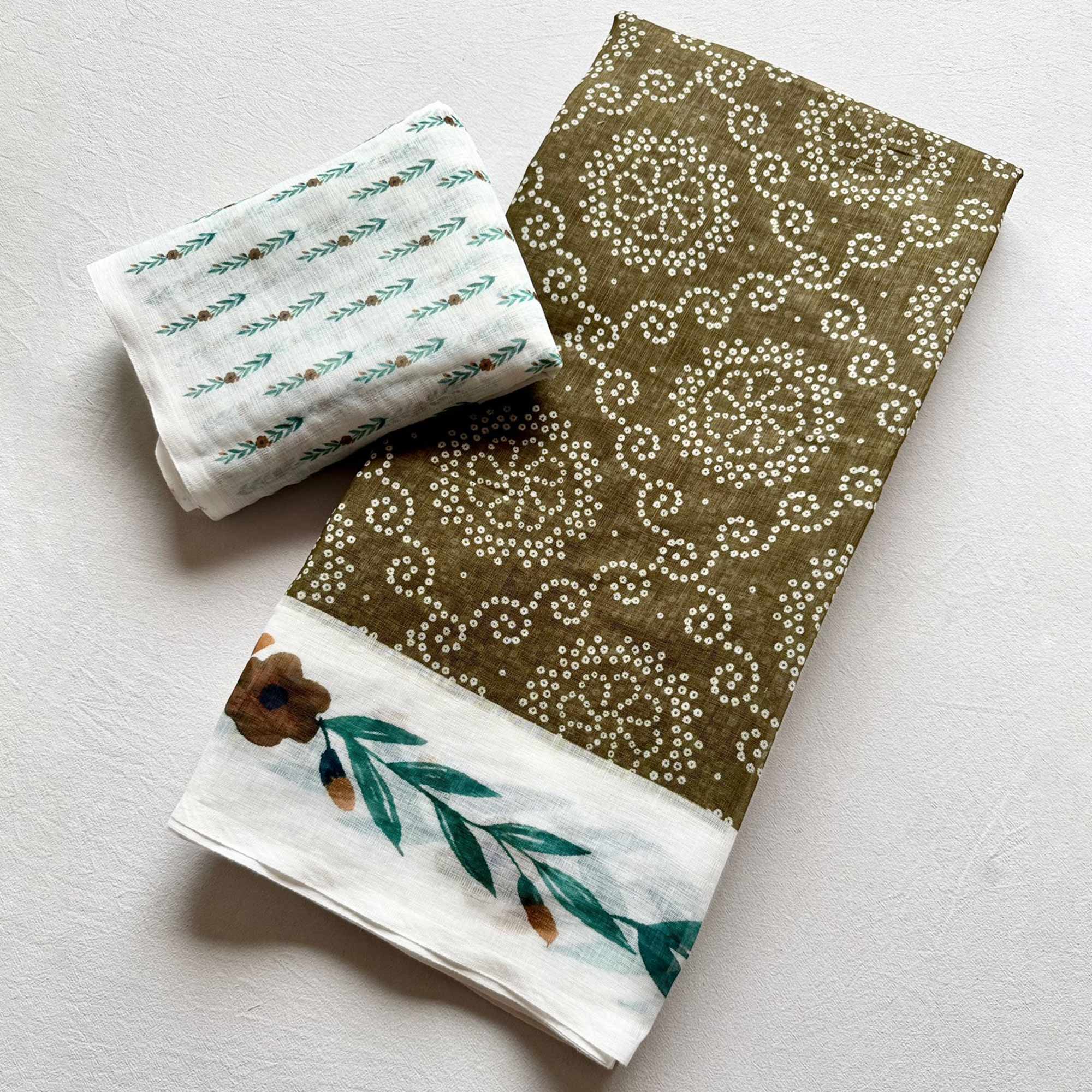 Chic Mehendi Green Linen Saree Featuring Bandhani & Floral Digital Prints