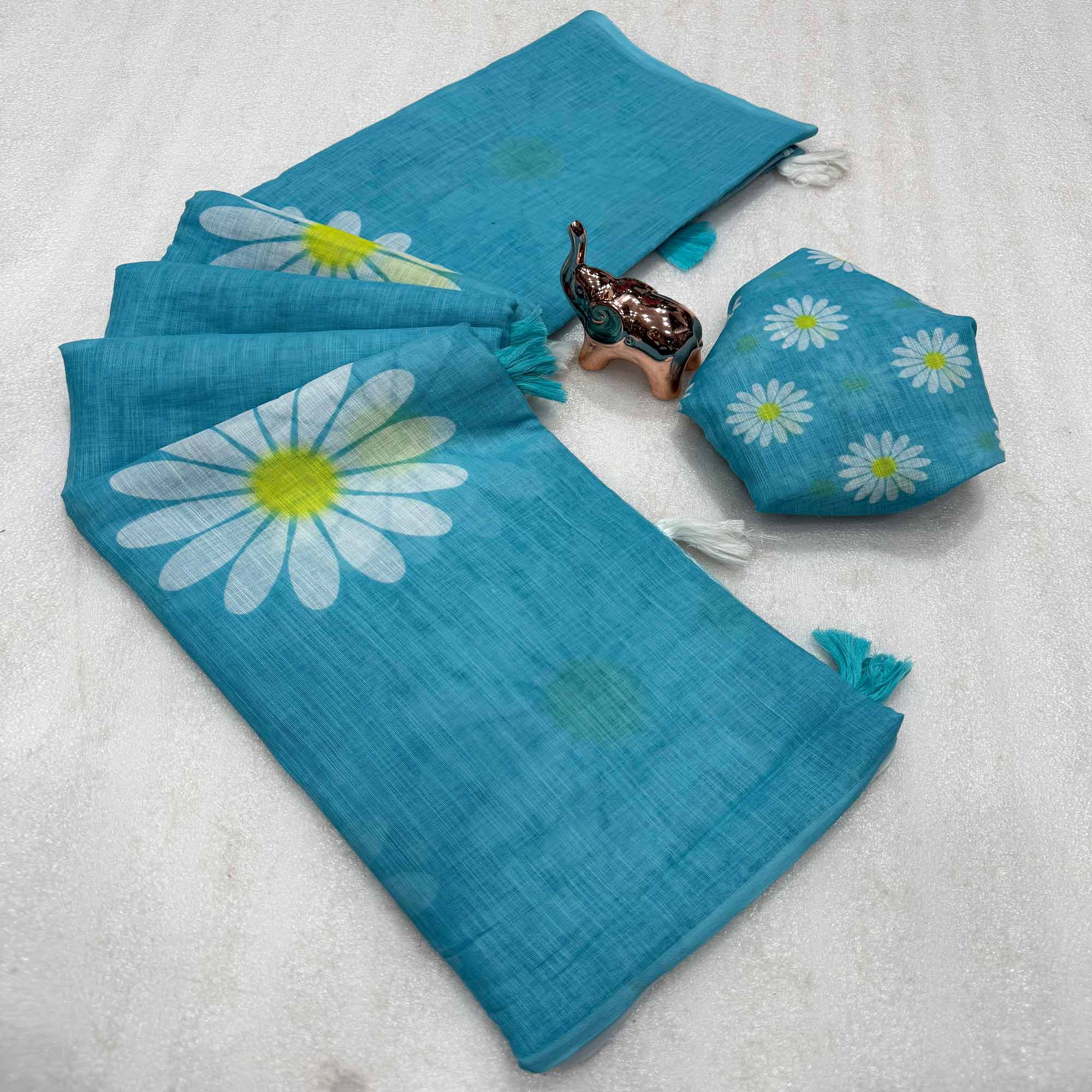 Sophisticated Blue Floral Digital Printed Linen Silk Saree With Tassel Pallu