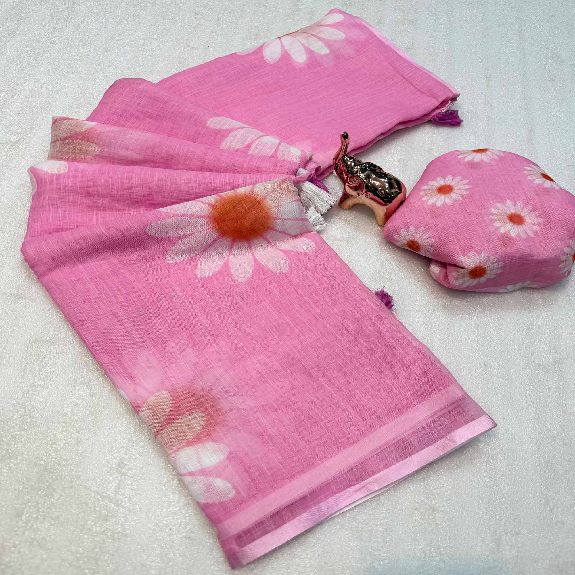 Sophisticated Pink Floral Digital Printed Linen Silk Saree With Tassel Pallu