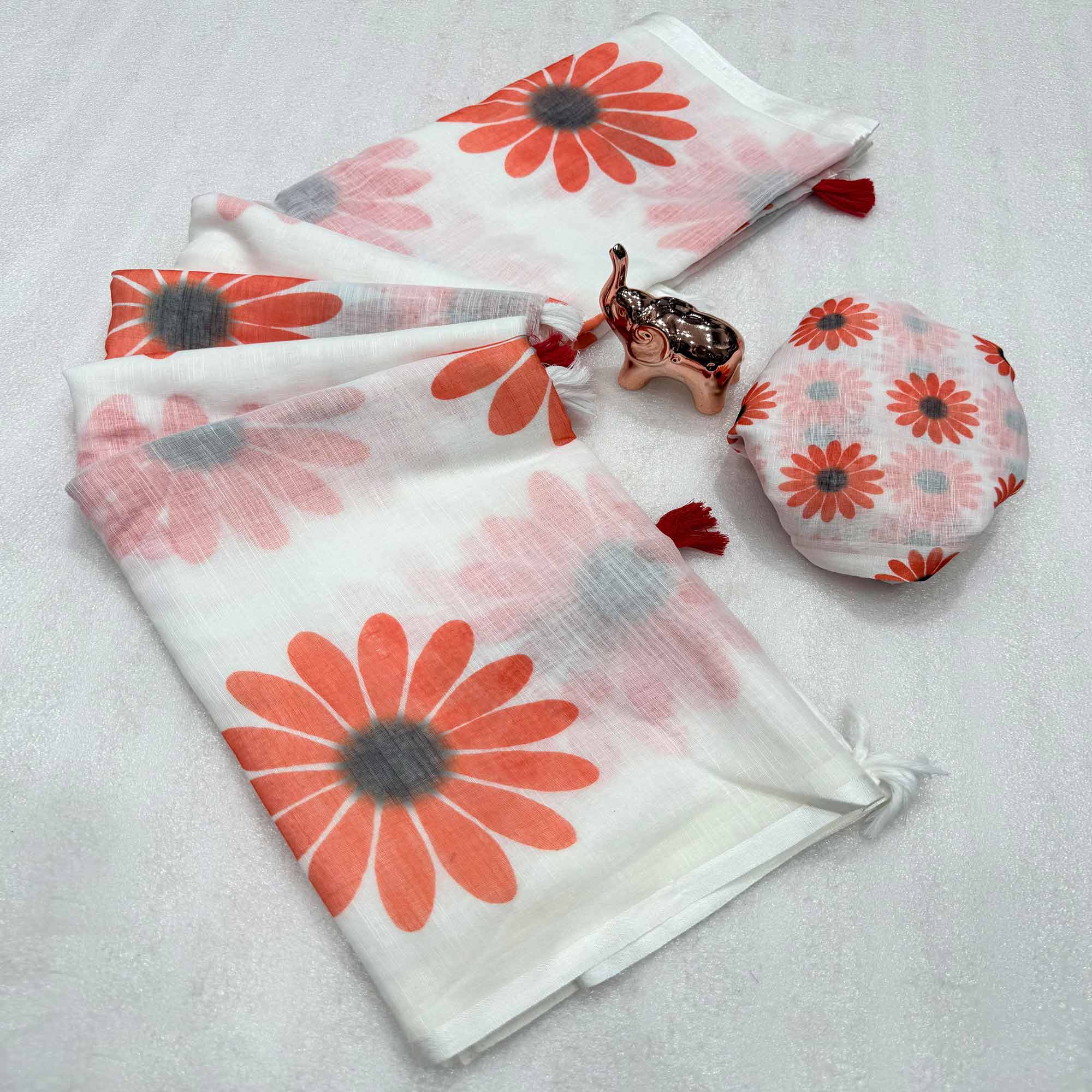 Sophisticated White Floral Digital Printed Linen Silk Saree With Tassel Pallu